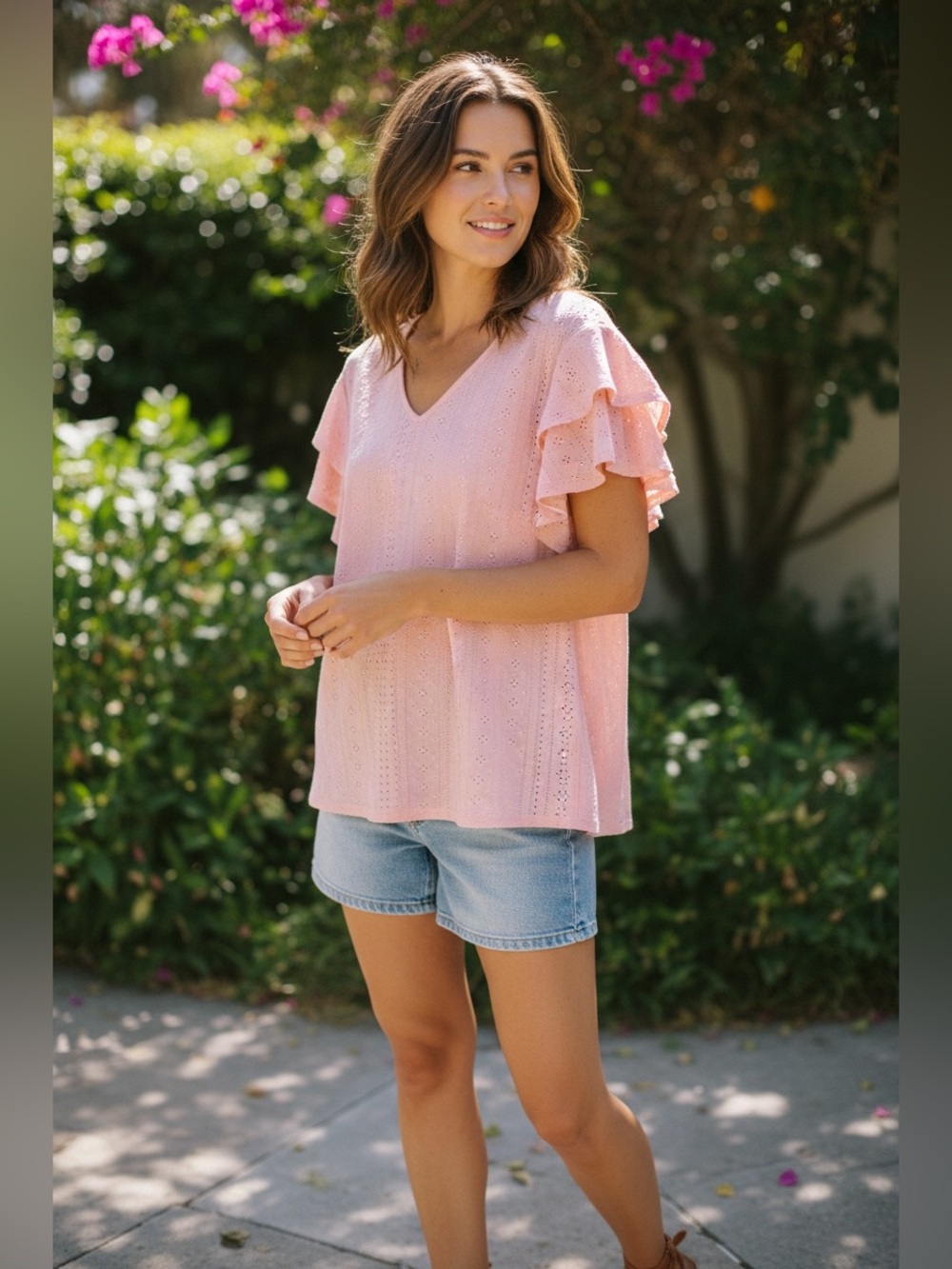 In’voland V Neck Pink Eyelet Ruffle Sleeve Blouse